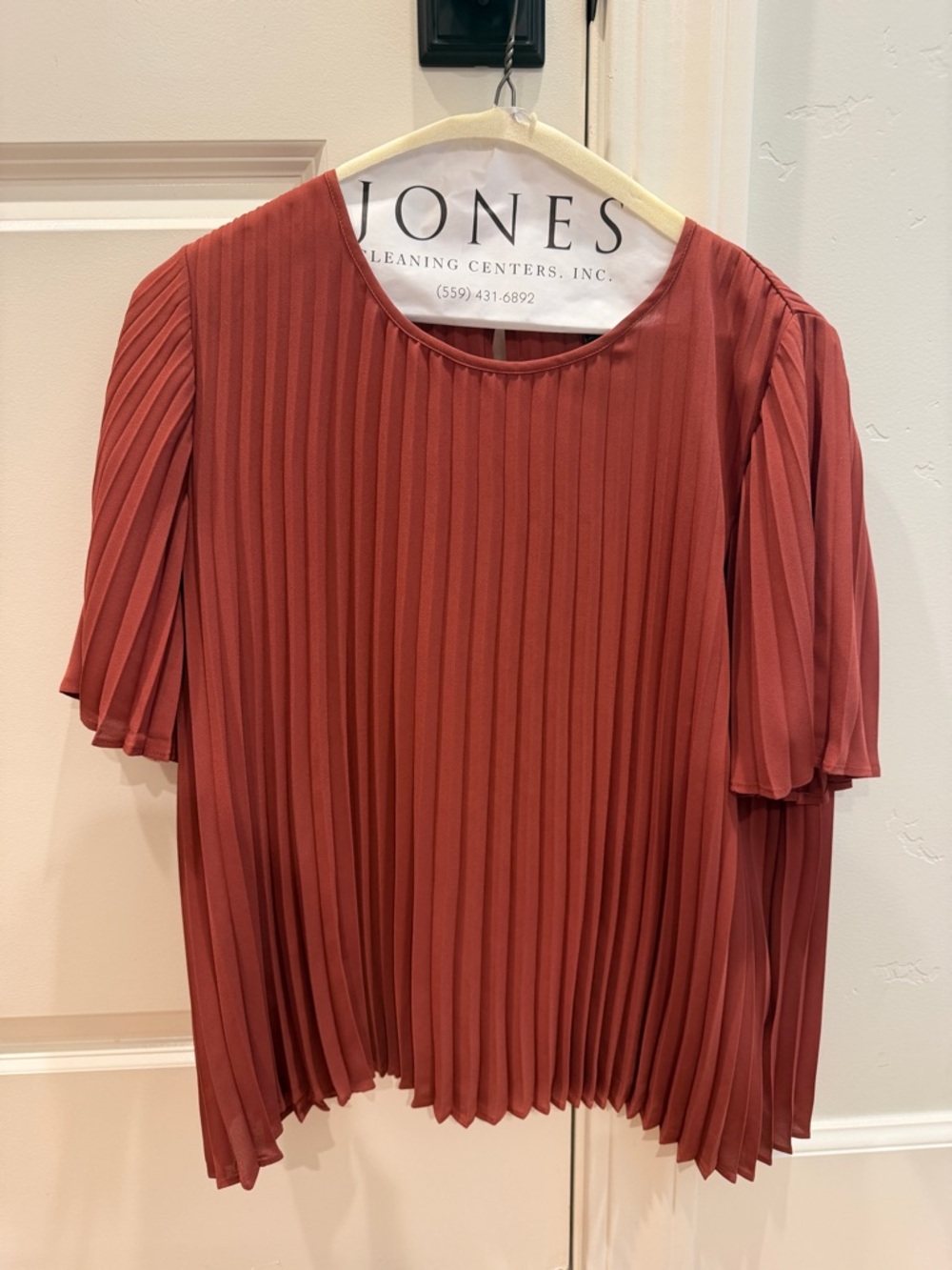 Express Pleated Short-Sleeve Top in Rust - Cinnamon color. Small S